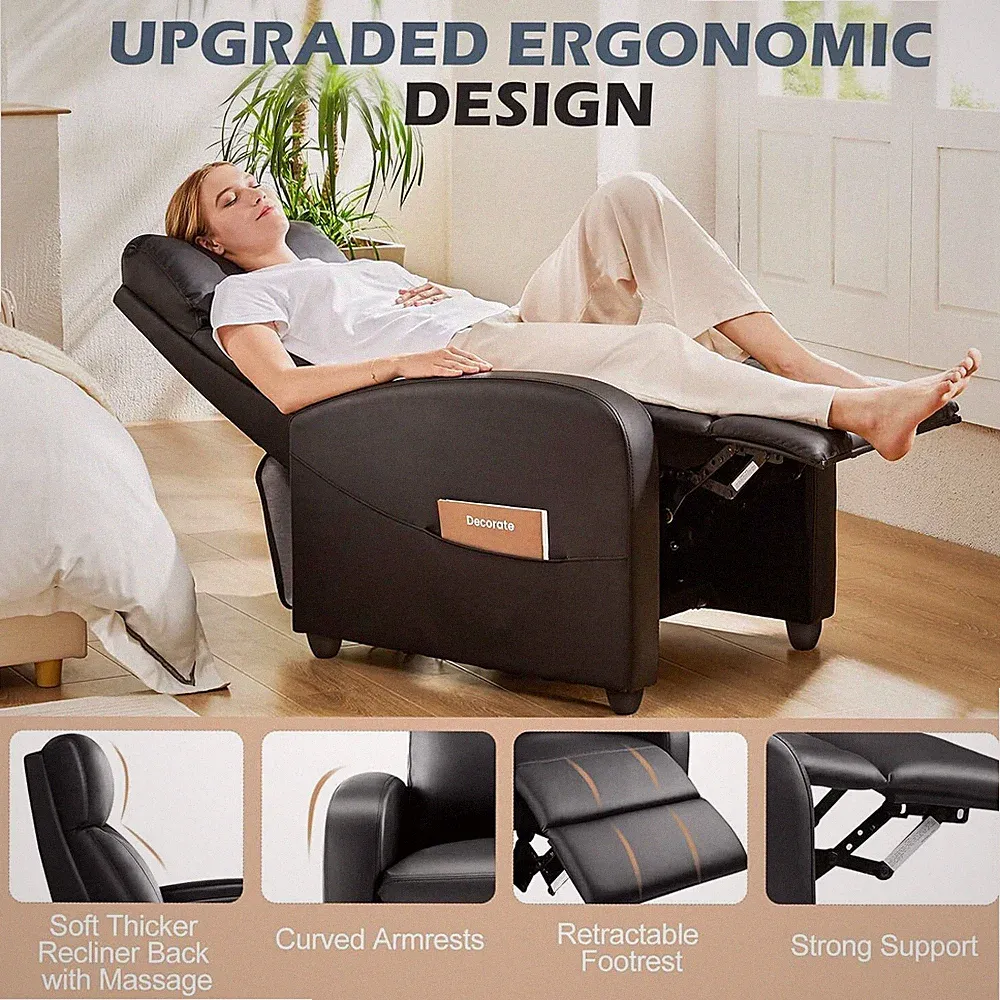 Black Adjustable Recliner Sofa Home Recliner PU Leather Reclining Single Sofa